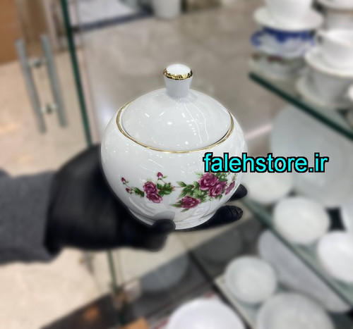 قندان چینی گل سرخ لب طلا گرد تقدیس 1 عددی