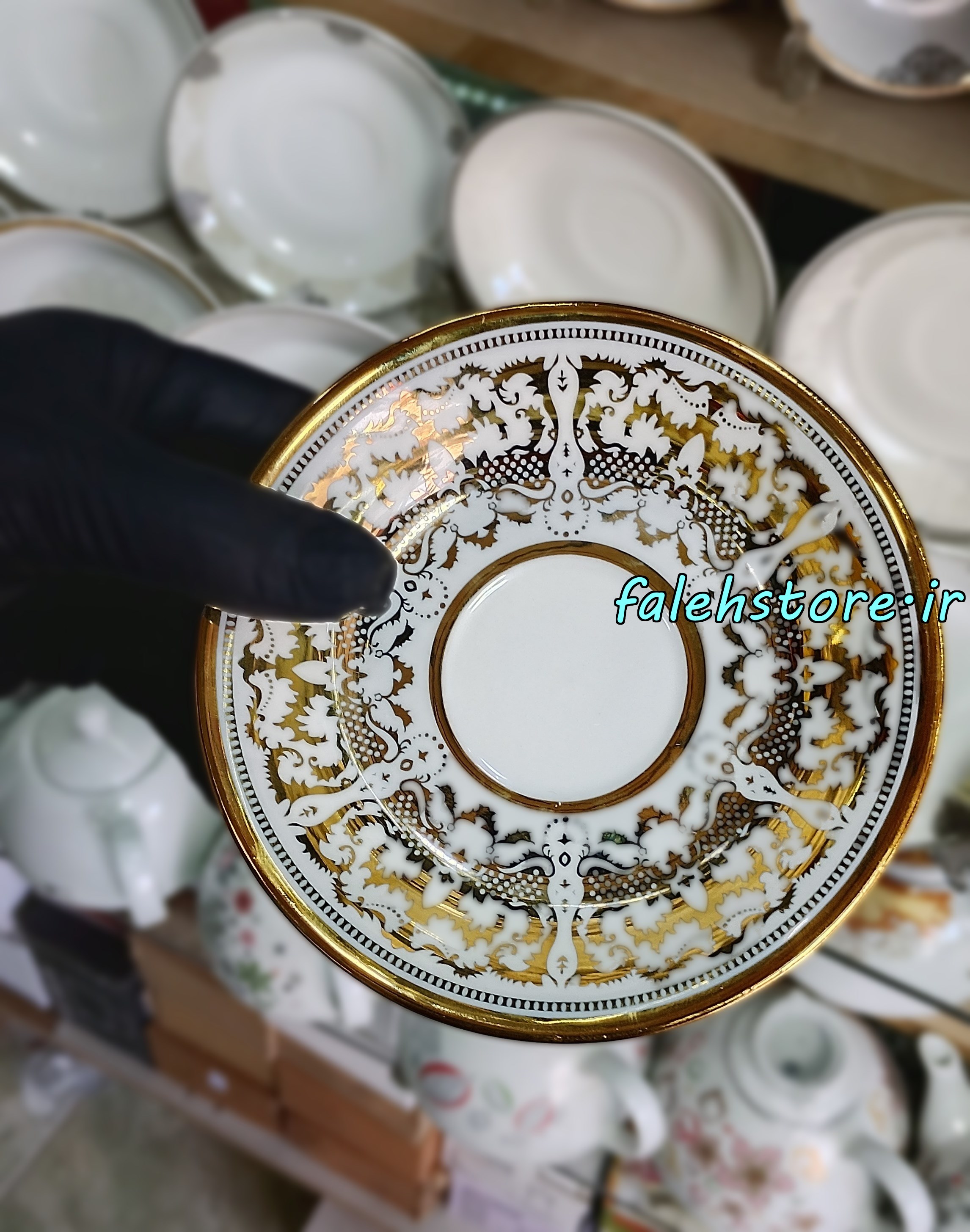 نعلبکی چینی طلایی طرح اسلیمی کارگاهی 6 عددی معمولی