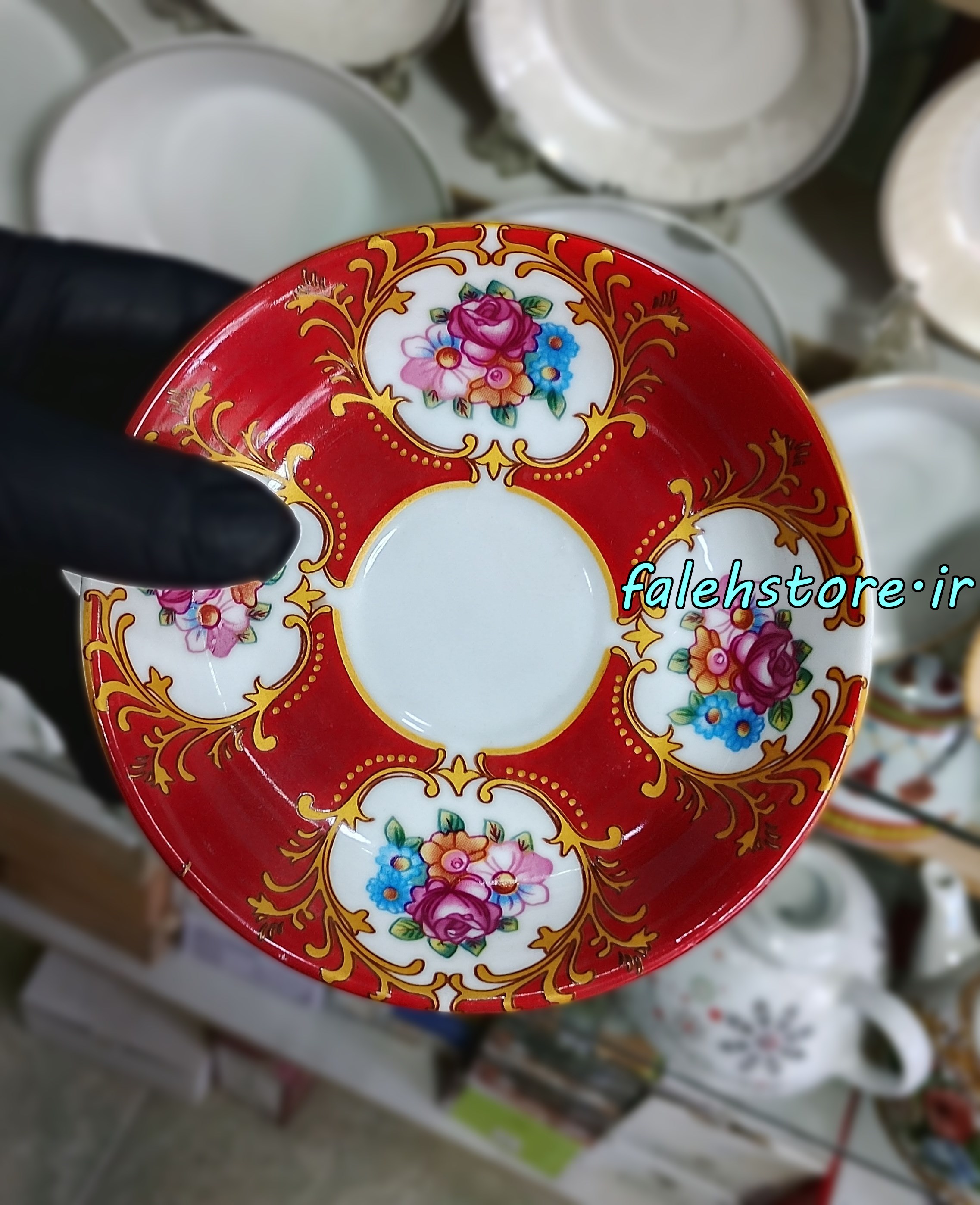 نعلبکی چینی طرح قدیمی مدل میترا قرمز کارگاهی 6 عددی معمولی