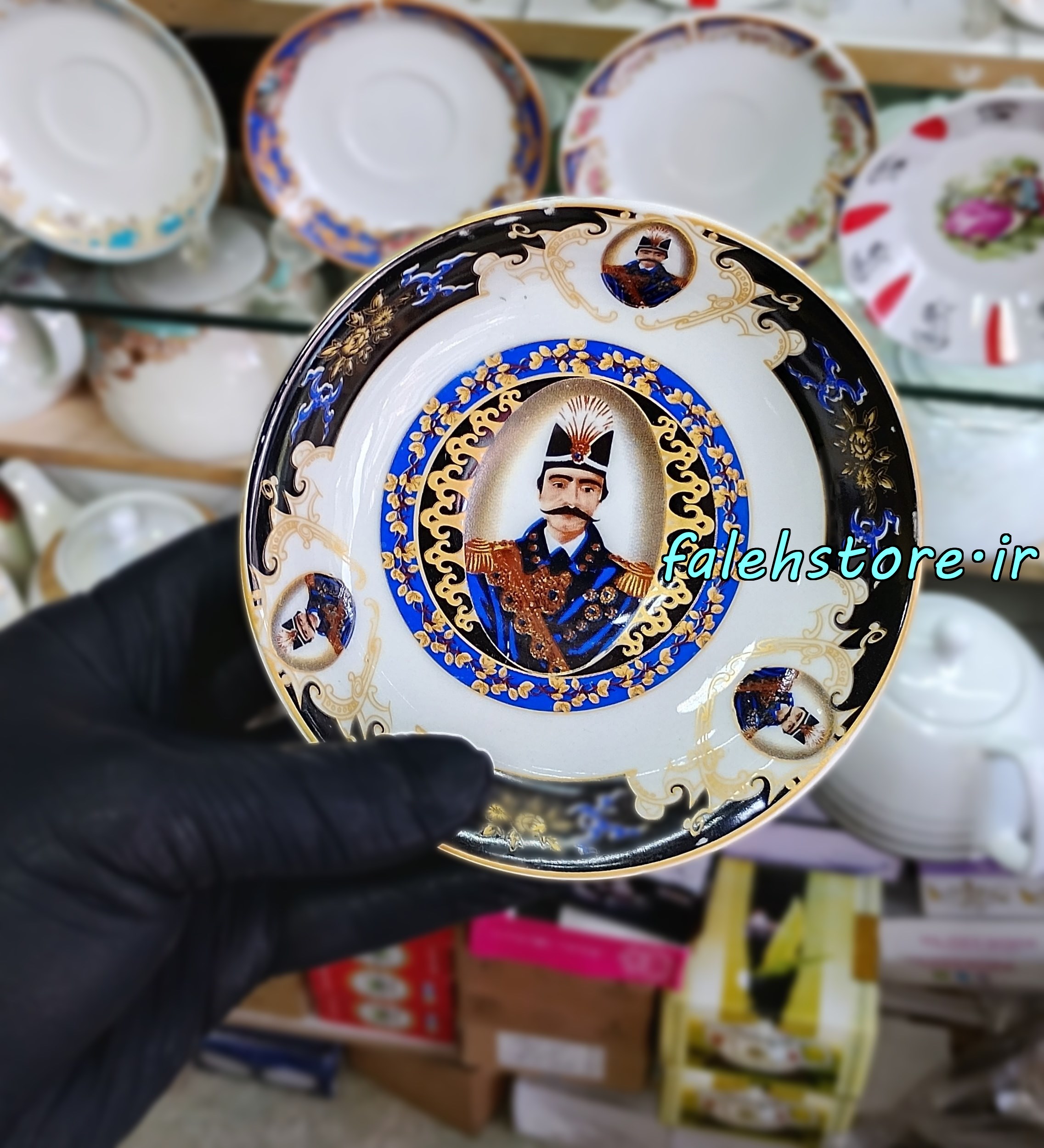نعلبکی چینی طرح قدیمی مدل شاه عباسی مشکی کارگاهی 6 عددی معمولی