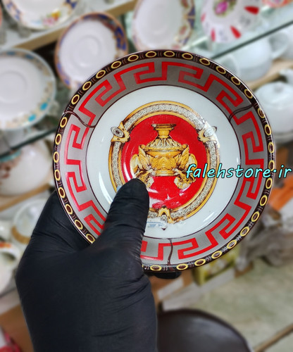 نعلبکی چینی طرح ورساچه شیر قرمز کارگاهی 6 عددی معمولی