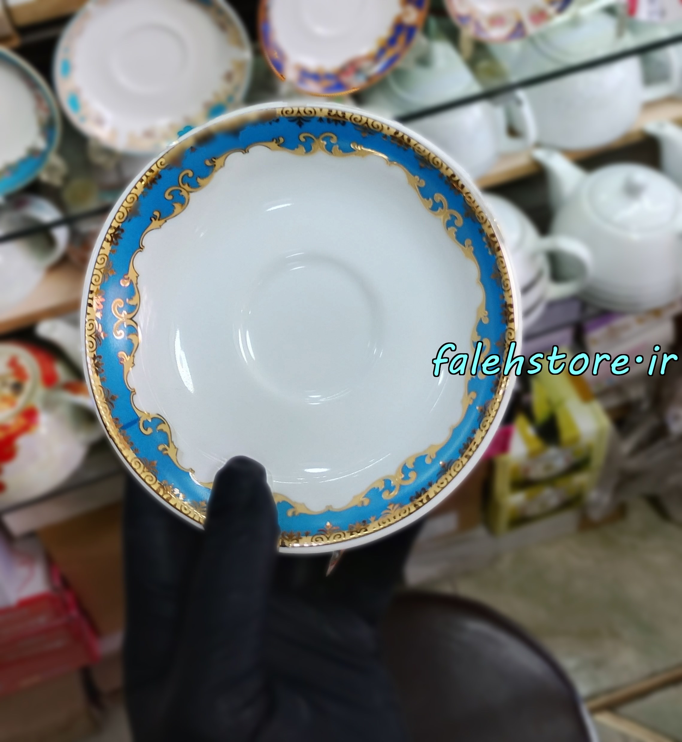نعلبکی چینی طرح قدیمی مدل نگارین آبی کارگاهی 6 عددی معمولی