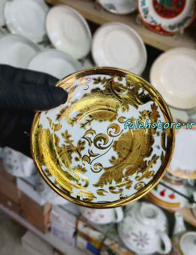 نعلبکی چینی مدل راحیل طلایی کارگاهی 6 عددی معمولی