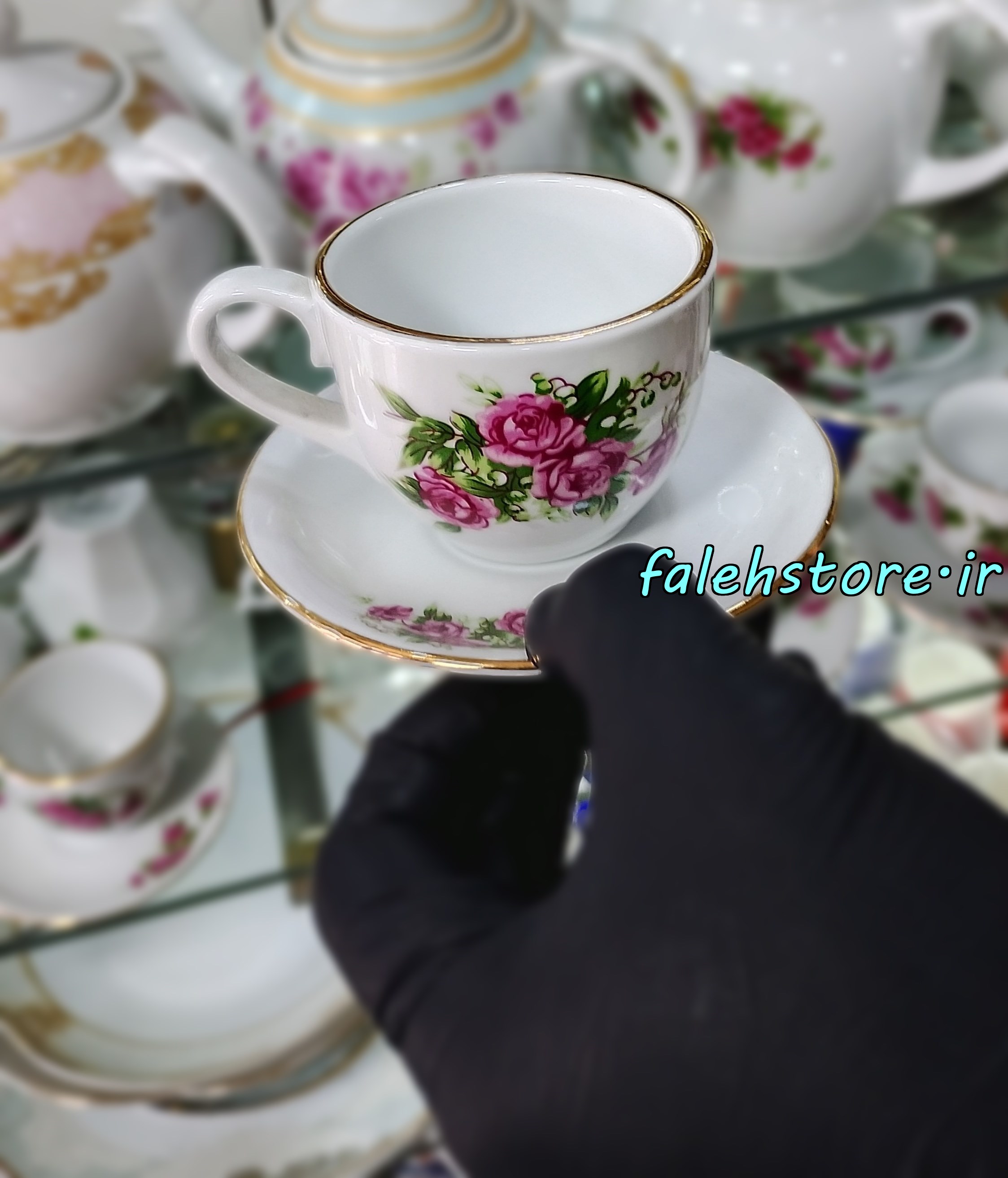 فنجان نعلبکی قهوه خوری چینی گل سرخی کارگاهی