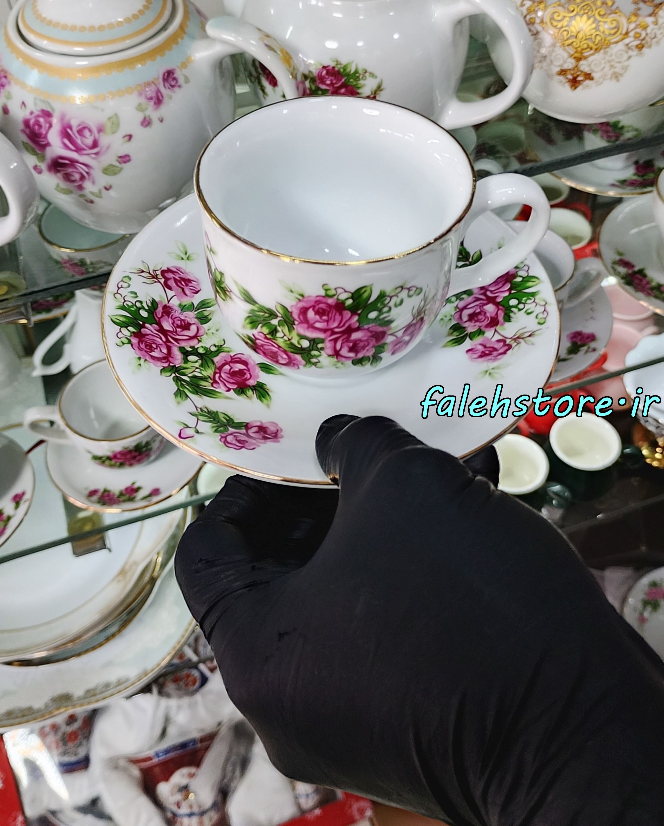 فنجان چای خوری چینی گل سرخی گرد کارگاهی 6 عددی