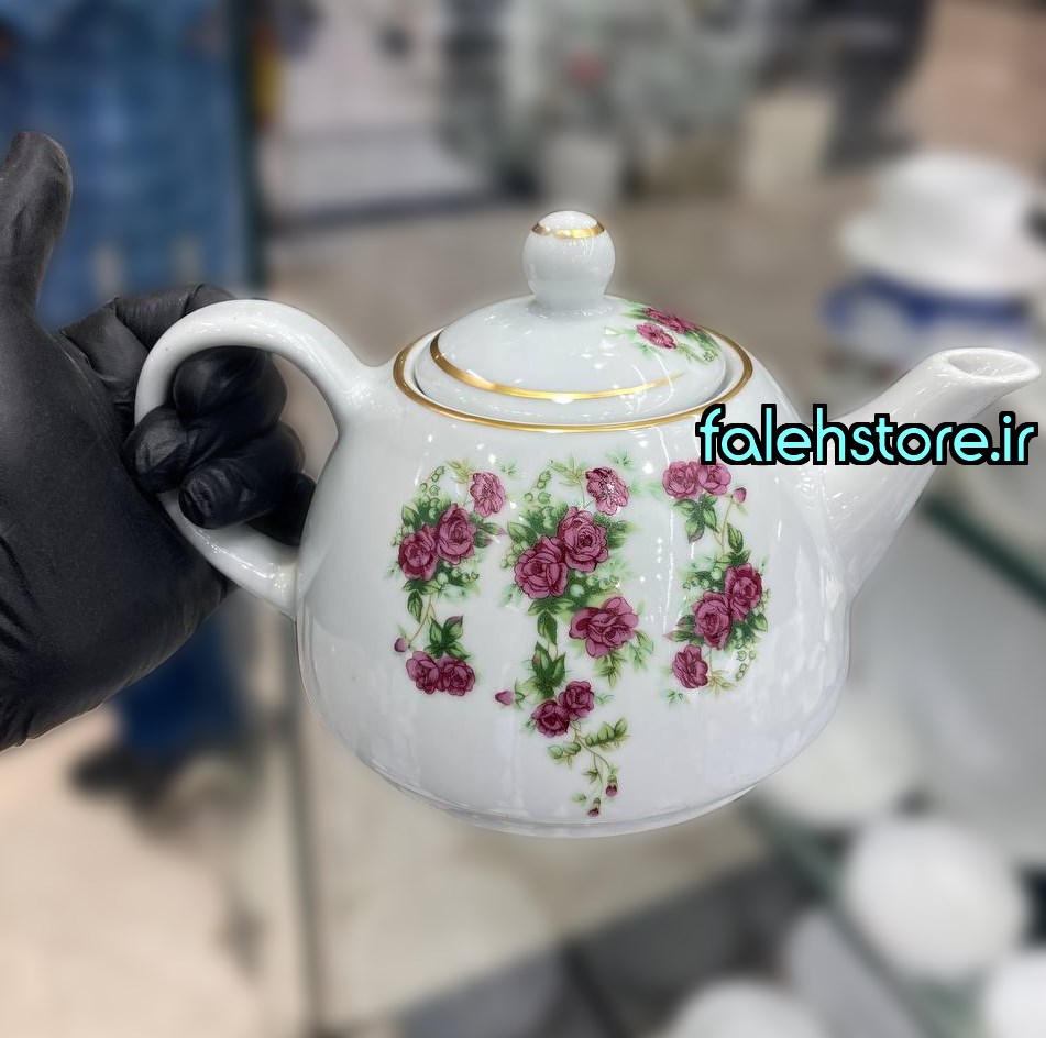 قوری چینی سفید لب طلا طرح گل سرخ گرد تقدیس [] سی سی 1 عددی