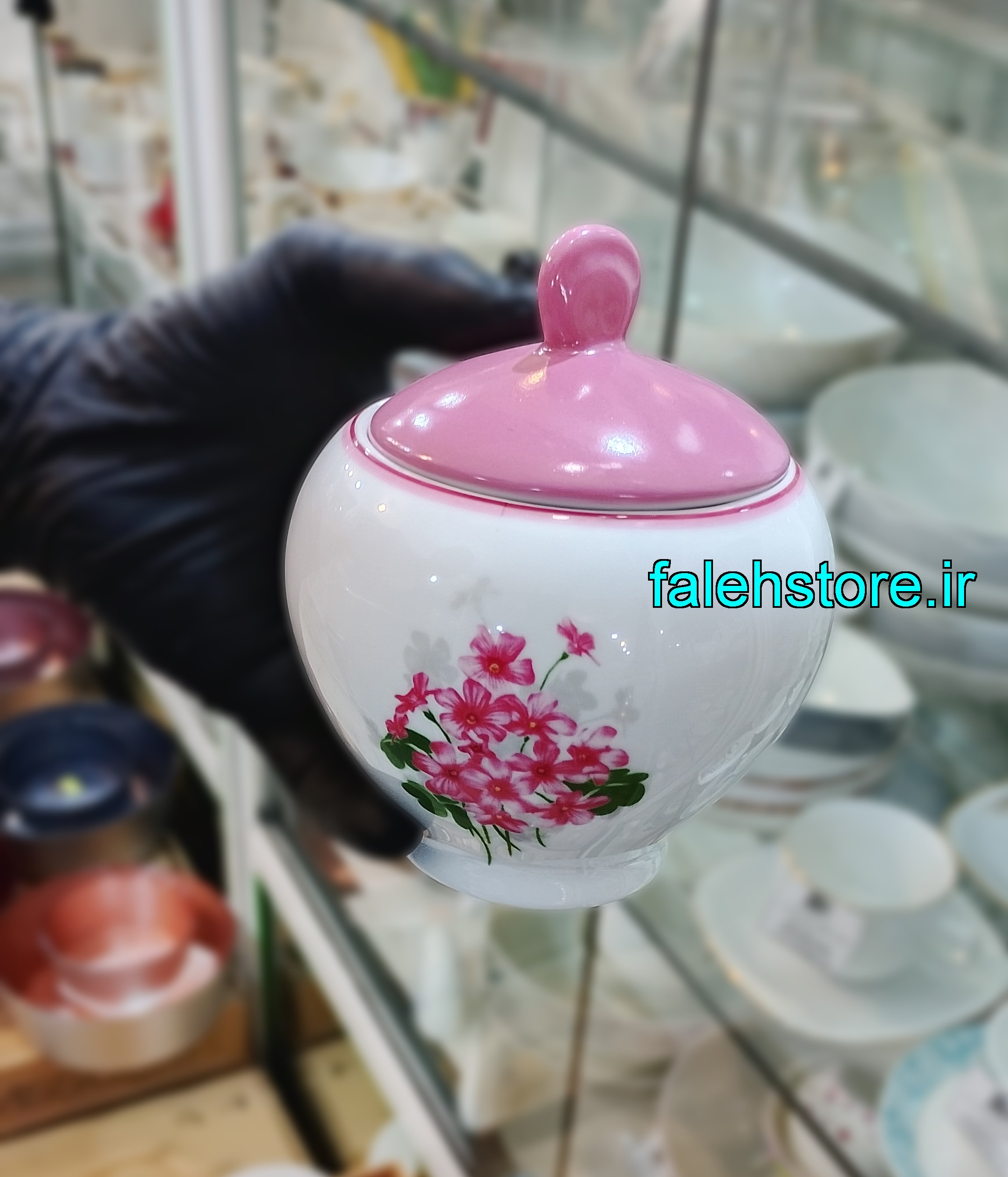 قندان چینی زرین طرح یاس صورتی گرد 1 عددی